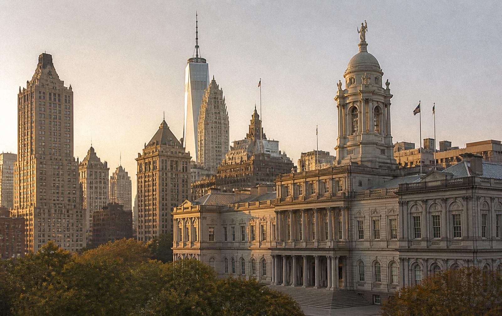 New York City Hall and the lower Manhattan skyline at golden hour