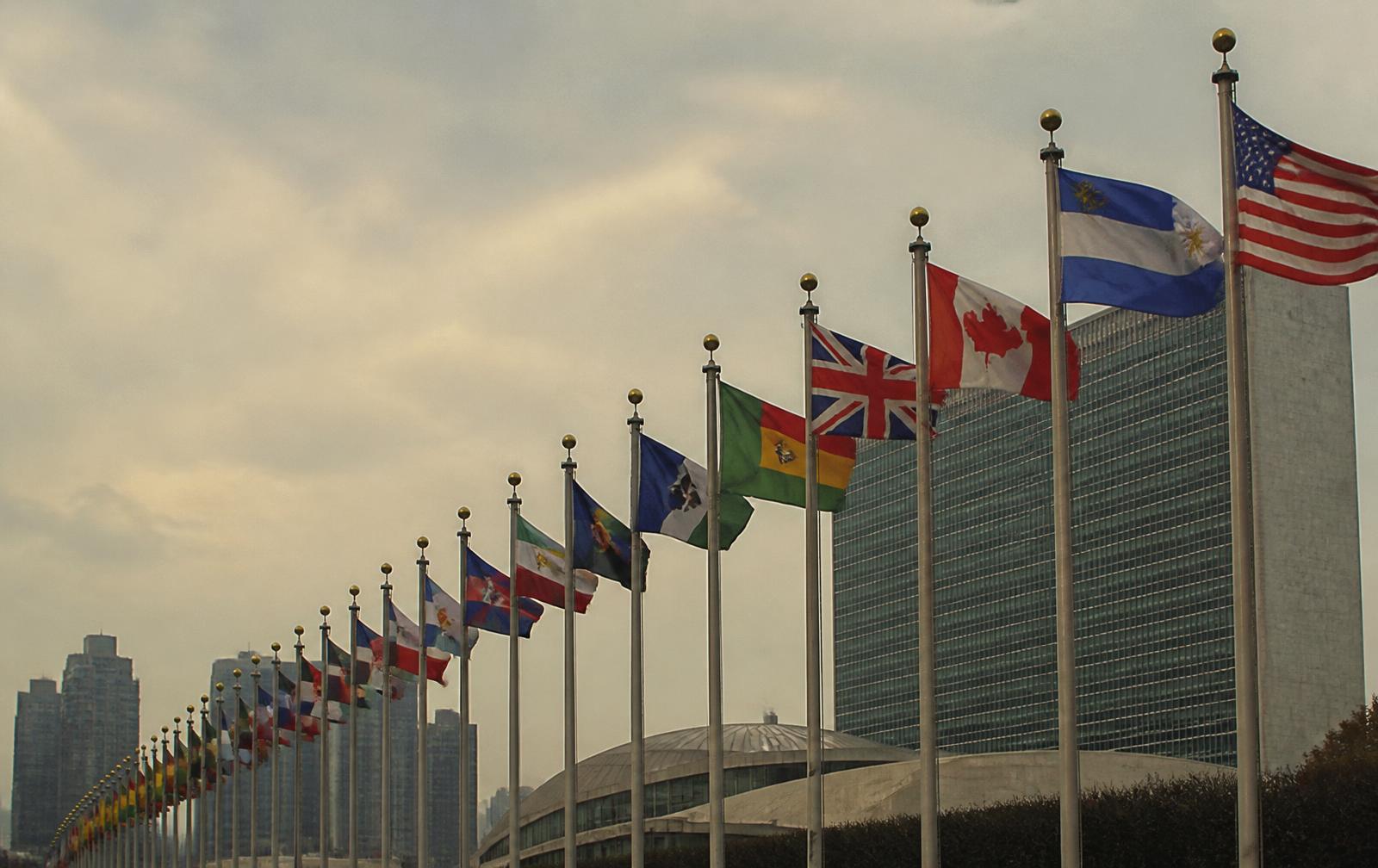 A long row of national flags on flagpoles beside an international headquarters building in New York
