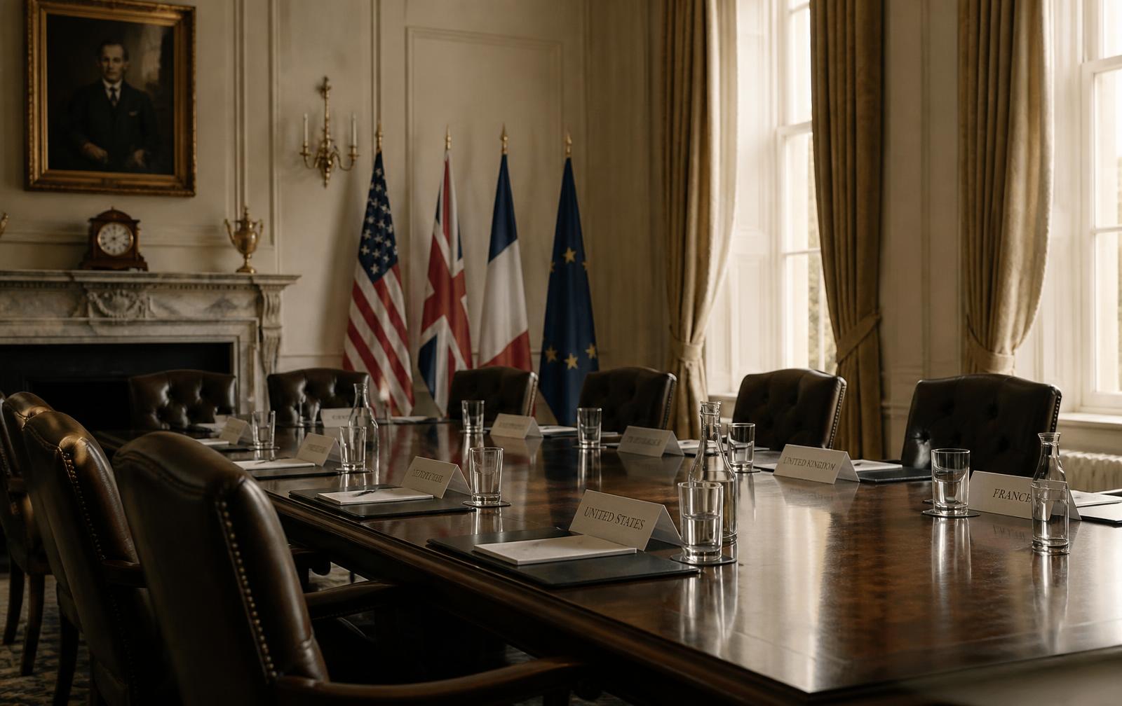 A formal committee room with a long table, name placards and national flags