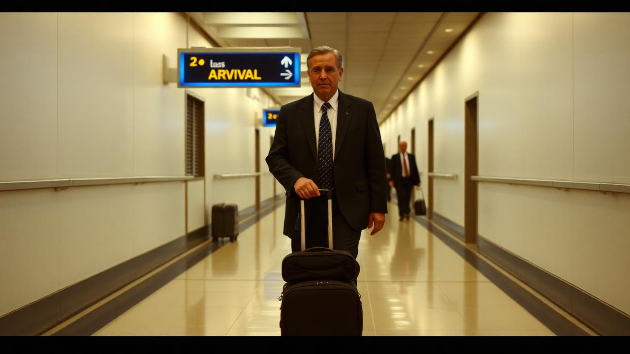 A newly arrived diplomat walking through an airport arrivals corridor with luggage