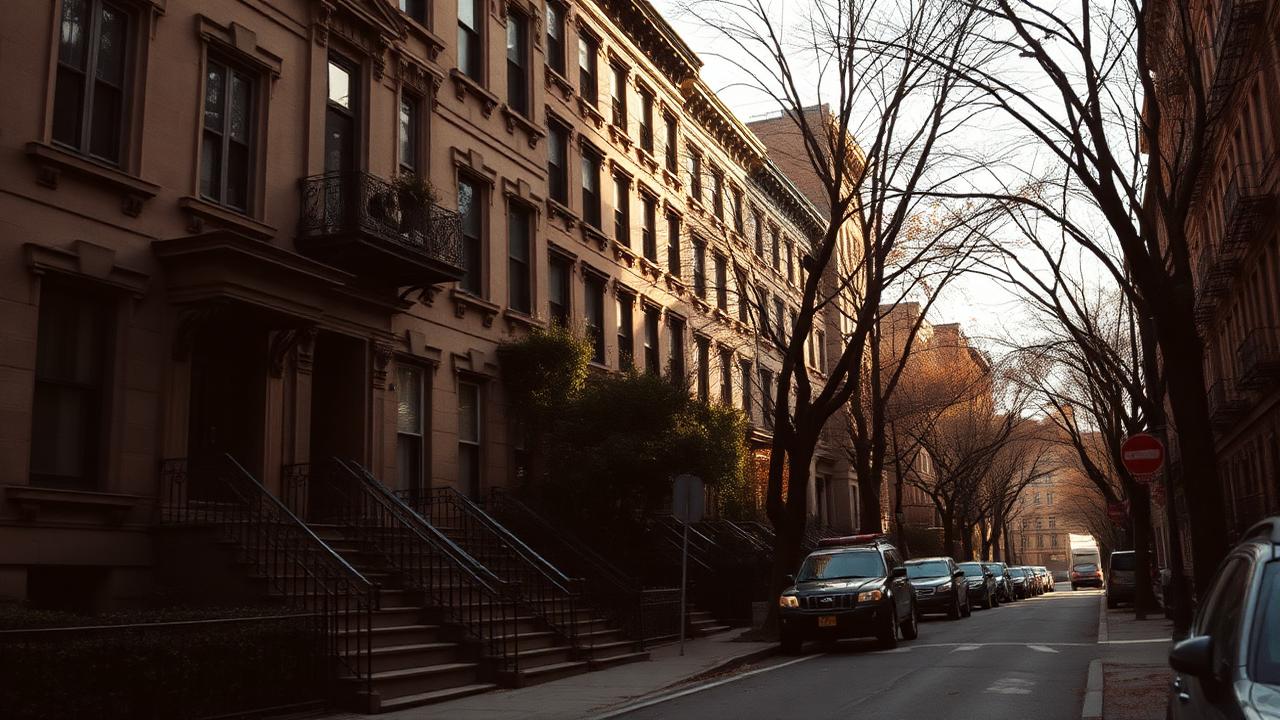 A quiet Manhattan brownstone residential street in autumn light
