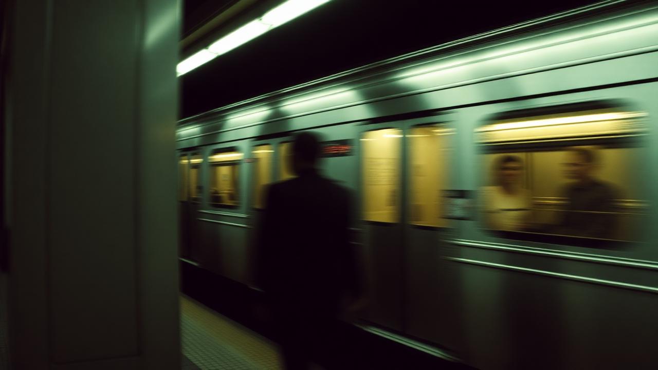A New York City subway train arriving at a platform