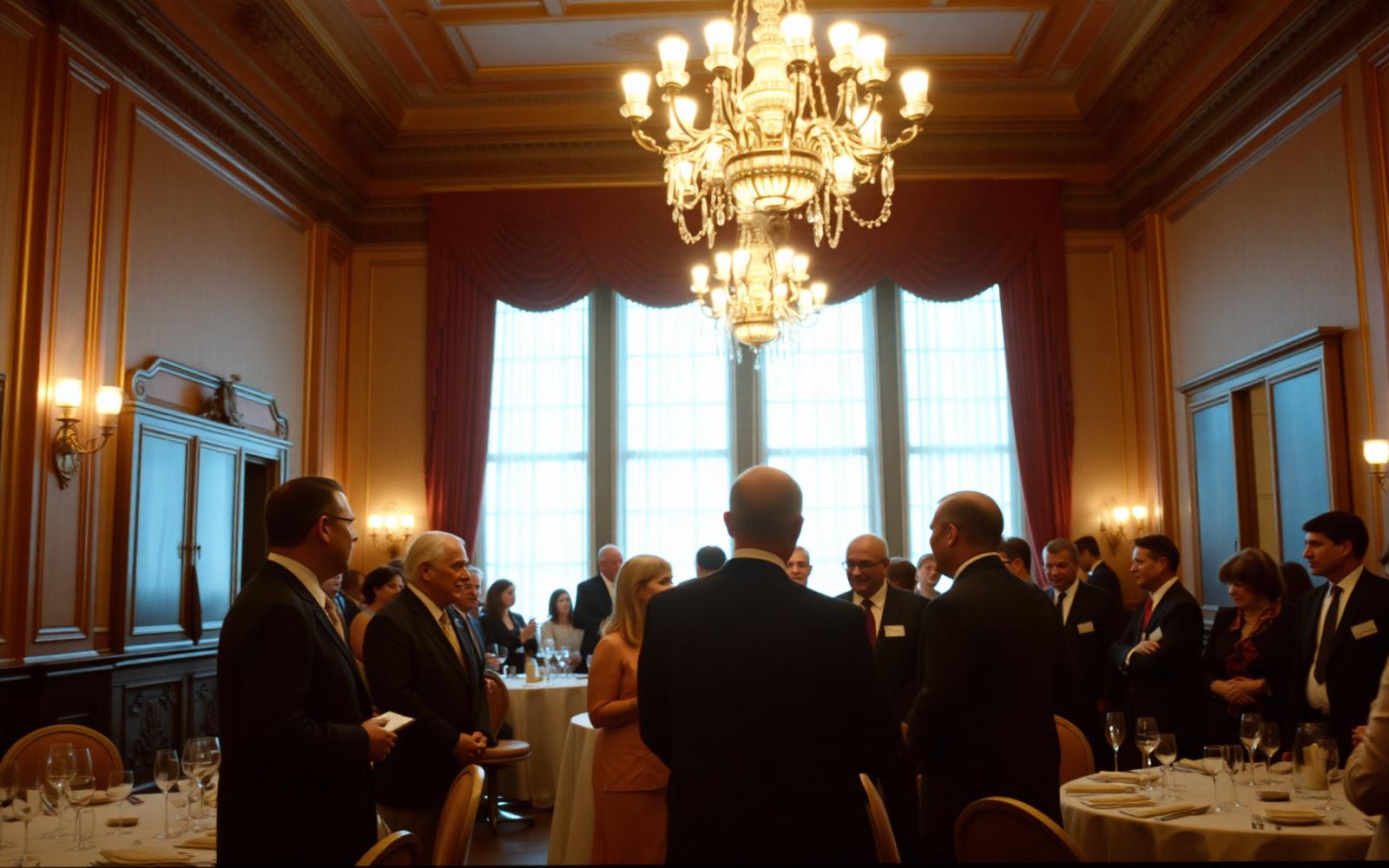 Consuls general and guests in conversation at a Society reception in a historic New York ballroom.